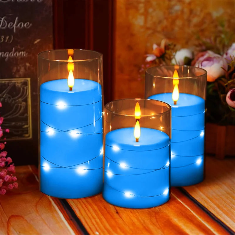 Flickering Flameless Candles 3D Wick Built-in Star String Light Acrylic Battery Operated LED Pillar Candles with Remote and Time