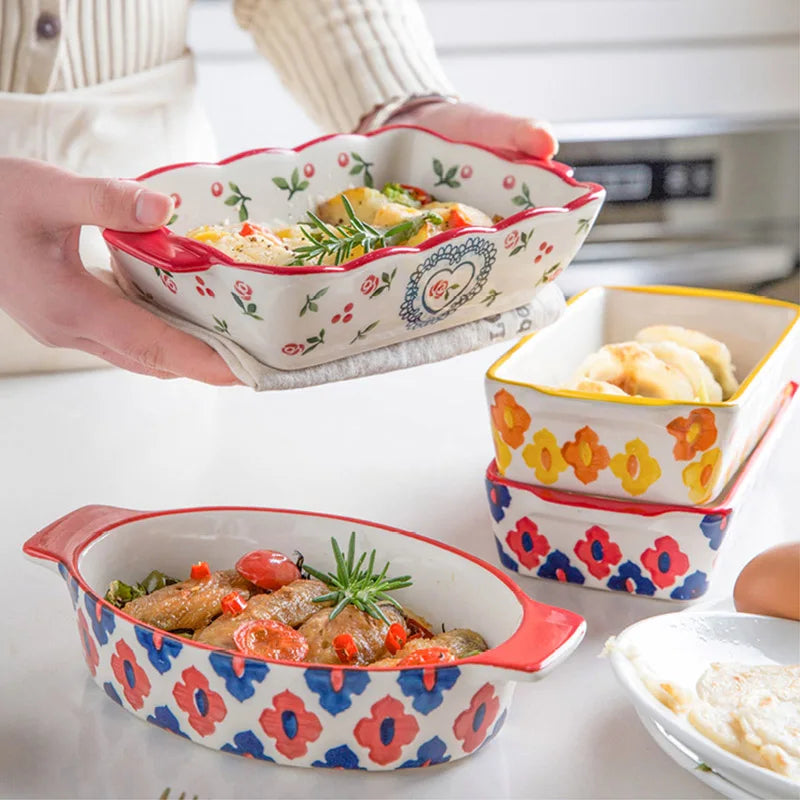 Ceramic Baking Dish Roasting Lasagna Pan  Rectangular Dish Bakeware Pan With Handle Oven Kitchen Baking Tool