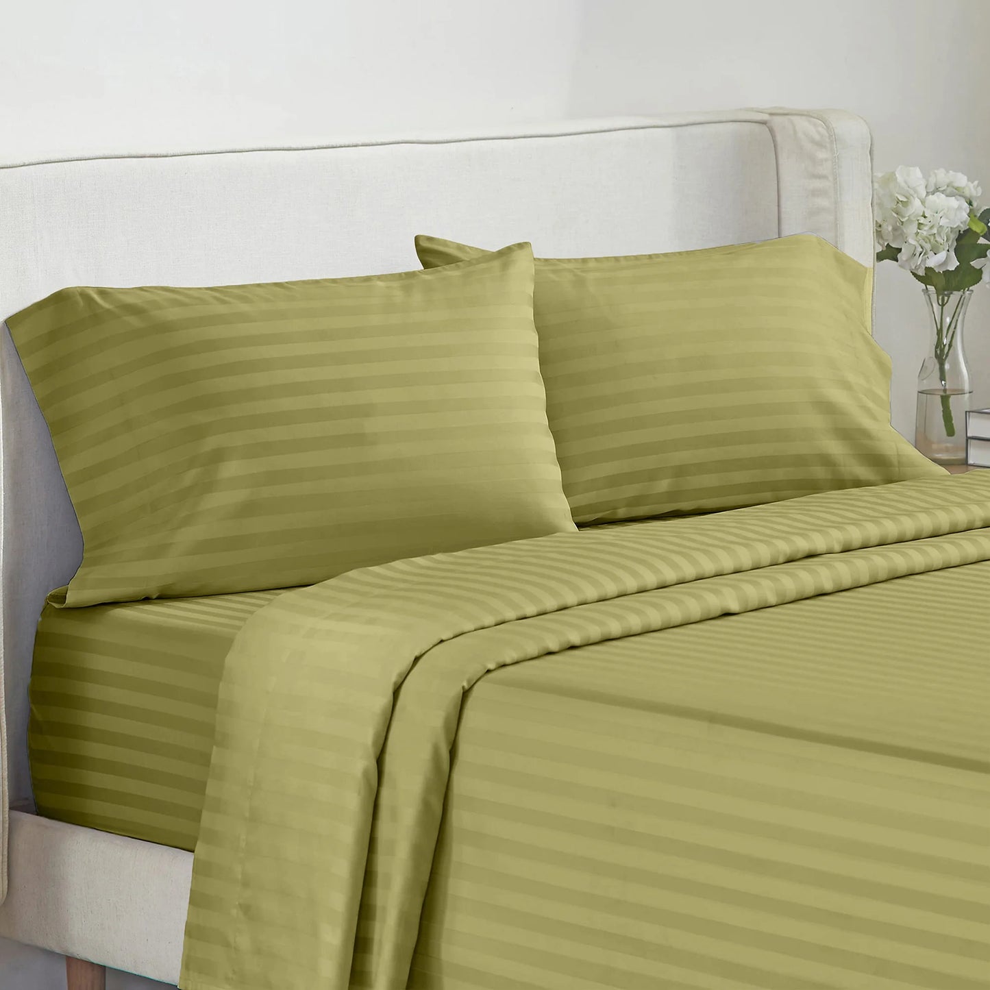 Battilo Bed Sheets 4 Pieces Set Luxury Fitted Flat Sheet with Pillowcases Solid Stripe Bedding Set For Twin Full Queen King Size