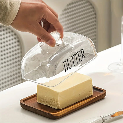 1PC Elegant Small Wood Cake Plate with Glass Cover Transparent Dome Cheese Plate with Handle And Wooden Tray Glass Butter Dish