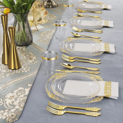 70Pcs Disposable Tableware Transparent Flower Petal Shape Gold Rim Plastic Plate Cup Silverware Birthday Wedding Party Supplies