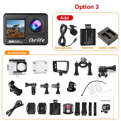 Action Camera 5K 4K60FPS EIS Wi-Fi Dual Screen 170D 2.0 Inch Touch Screen 30M Waterproof Sport Camera With Remote Control