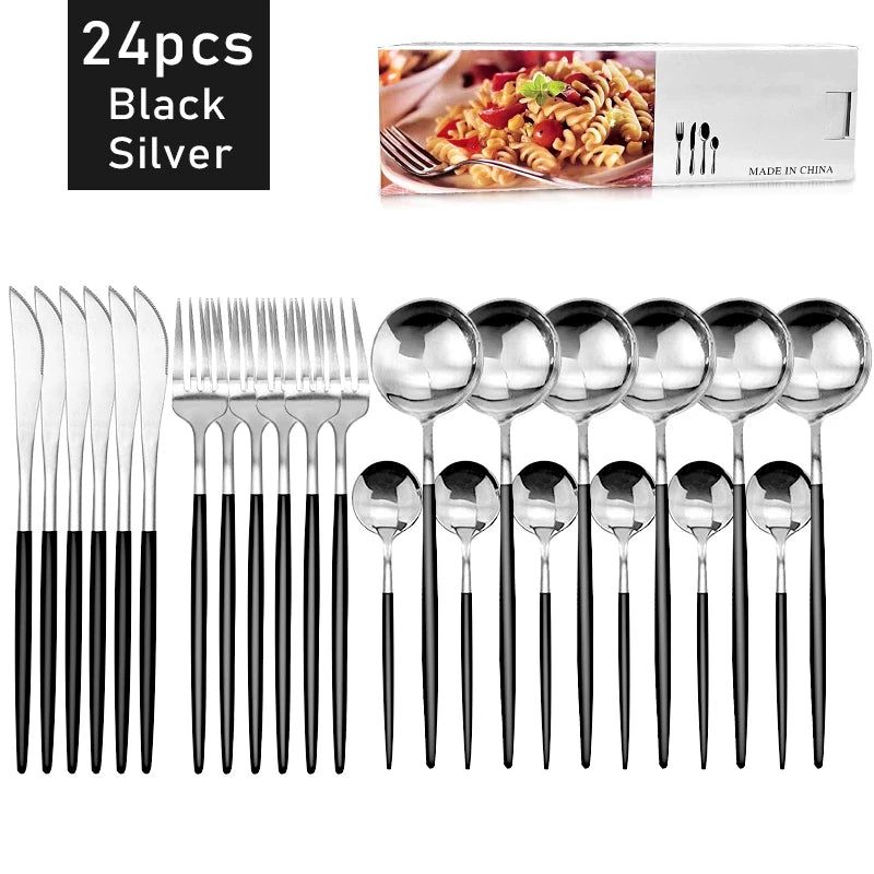 24pcs Dinnerware Set Stainless Steel Tableware Set Knife Fork Spoon Flatware Set Cutlery Set Knife Fork Spoon Tea Spoon