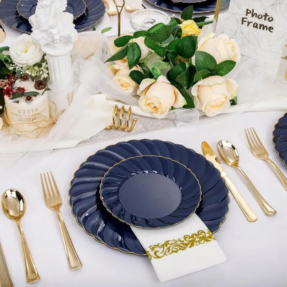 150PCS Blue Plastic Plates - Gold Plastic Silverware - Heavy Duty Navy Blue Disposable Plates