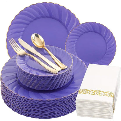 150PCS Blue Plastic Plates - Gold Plastic Silverware - Heavy Duty Navy Blue Disposable Plates