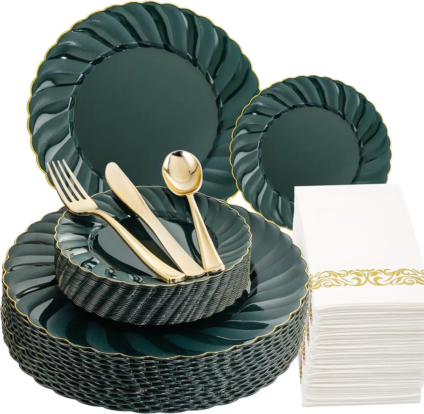 150PCS Blue Plastic Plates - Gold Plastic Silverware - Heavy Duty Navy Blue Disposable Plates