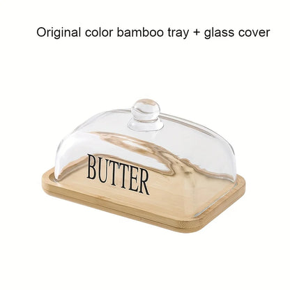 1PC Elegant Small Wood Cake Plate with Glass Cover Transparent Dome Cheese Plate with Handle And Wooden Tray Glass Butter Dish