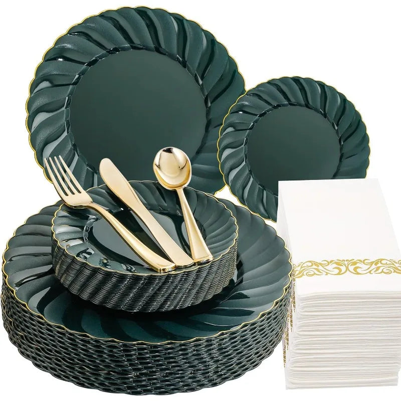 150PCS Blue Plastic Plates - Gold Plastic Silverware - Heavy Duty Navy Blue Disposable Plates
