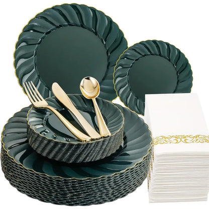 150PCS Blue Plastic Plates - Gold Plastic Silverware - Heavy Duty Navy Blue Disposable Plates
