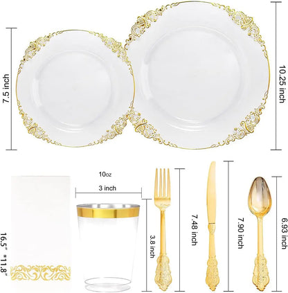 70Pcs Disposable Tableware Transparent Flower Petal Shape Gold Rim Plastic Plate Cup Silverware Birthday Wedding Party Supplies