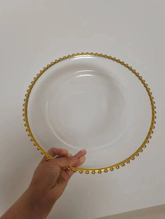 1pcs Premium Clear Plastic Charger Plates with Gold Beads Rim, Decorative Service Plate for Party, Wedding and Events