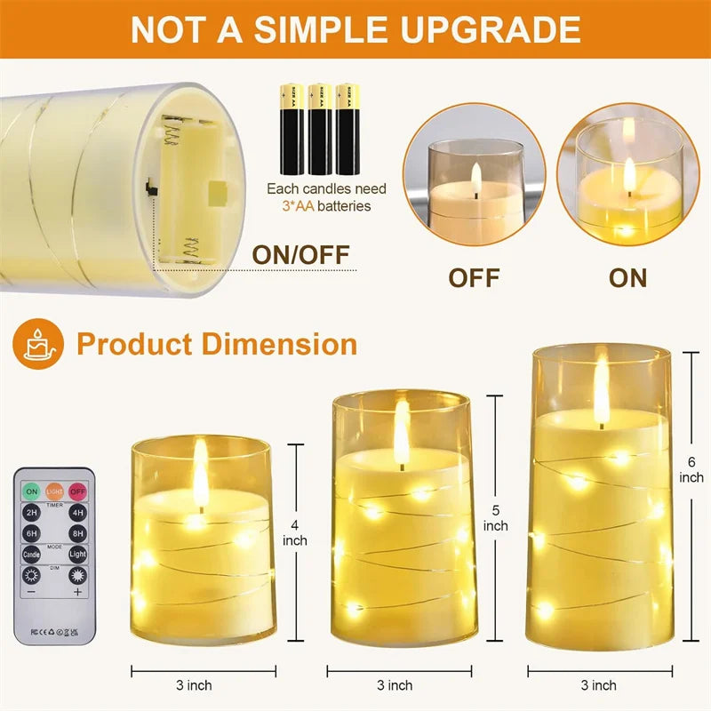 Flickering Flameless Candles 3D Wick Built-in Star String Light Acrylic Battery Operated LED Pillar Candles with Remote and Time