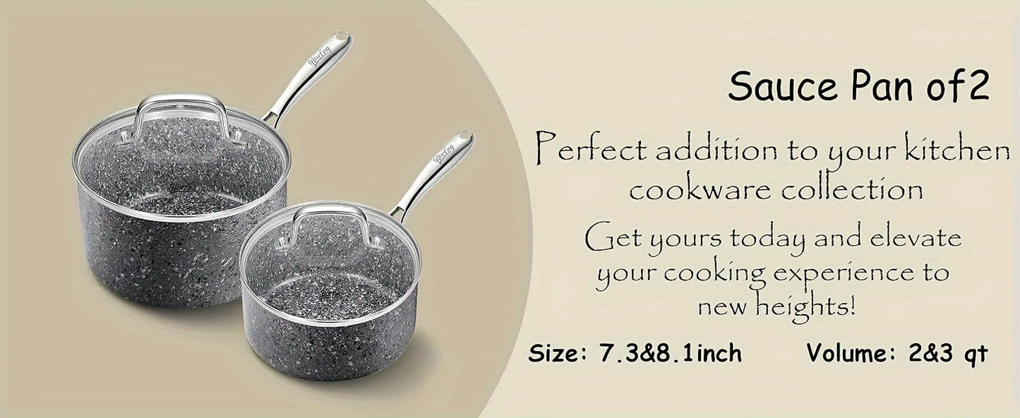 HLAFRG Nonstick 2Qt & 3Qt Sauce Pan Set with Lid, Saucepan Set, Natural Granite Small Sauce Pots, Grey Pot Set for All Stove