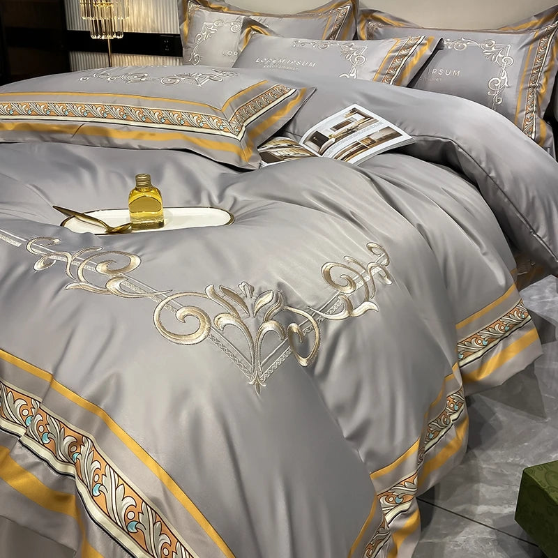 European Style Gold Edge Embroidered Bedding Set Luxury White Satin Cotton Duvet Cover Bed Sheets Pillowcases King Queen Size