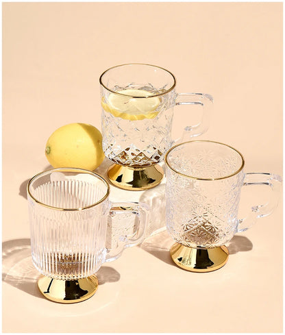 Gold Rimmed Tall Glass with Handle, Tall Beer Drinking Glass with Handle, Kitchen Bar, Barware, Drinkware Set, Light, Luxury