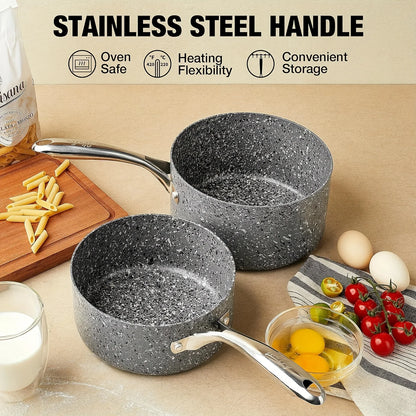 HLAFRG Nonstick 2Qt & 3Qt Sauce Pan Set with Lid, Saucepan Set, Natural Granite Small Sauce Pots, Grey Pot Set for All Stove