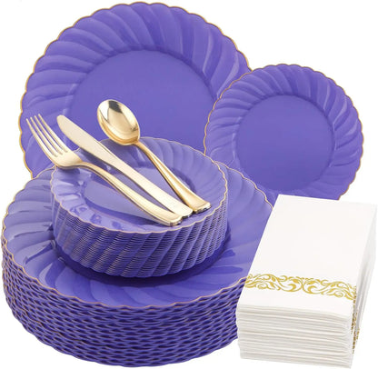 150PCS Blue Plastic Plates - Gold Plastic Silverware - Heavy Duty Navy Blue Disposable Plates