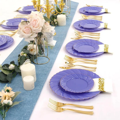 150PCS Blue Plastic Plates - Gold Plastic Silverware - Heavy Duty Navy Blue Disposable Plates