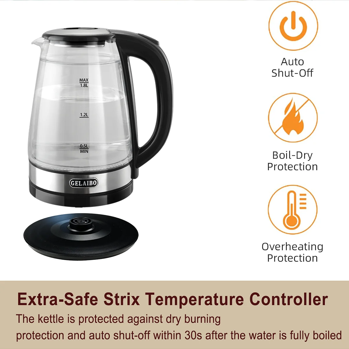 Kitchen Glass Electric Kettle,1.8L Double Layer Scald Resistant Hot Water Boiler, 1500W Fast Boiling,Ideal For Home & Travelling