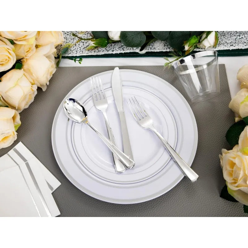 700PCS Gold Plastic Plates -Whtie and Gold Plastic Dinnerware Sets 100Guest - 200 Gold Disposable Plates,100 Napkins for Wedding
