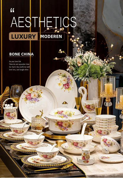60pcs European Style Dinnerware Sets Luxury Bone China Tableware Sets Bowl Spoon Dinner Plate Set Kitchen Utensils Dinner Set