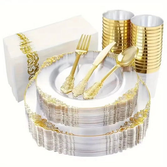 70Pcs Disposable Tableware Transparent Flower Petal Shape Gold Rim Plastic Plate Cup Silverware Birthday Wedding Party Supplies