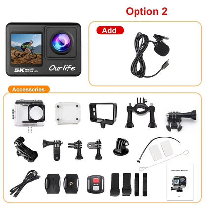 Action Camera 5K 4K60FPS EIS Wi-Fi Dual Screen 170D 2.0 Inch Touch Screen 30M Waterproof Sport Camera With Remote Control