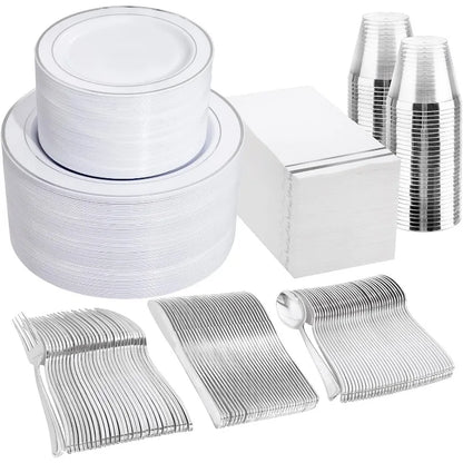 700PCS Gold Plastic Plates -Whtie and Gold Plastic Dinnerware Sets 100Guest - 200 Gold Disposable Plates,100 Napkins for Wedding