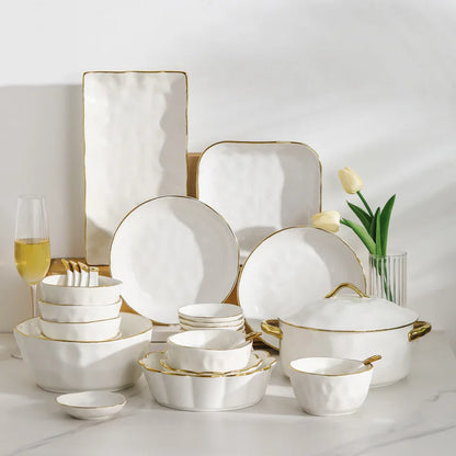 Gold Stroke Ceramic Plate Set Creative Hammer Decorative Living Room Dinner Set Plates and Dishes Western Restaurant Steak Dish