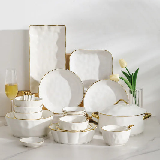 Gold Stroke Ceramic Plate Set Creative Hammer Decorative Living Room Dinner Set Plates and Dishes Western Restaurant Steak Dish