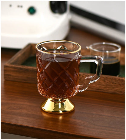 Gold Rimmed Tall Glass with Handle, Tall Beer Drinking Glass with Handle, Kitchen Bar, Barware, Drinkware Set, Light, Luxury