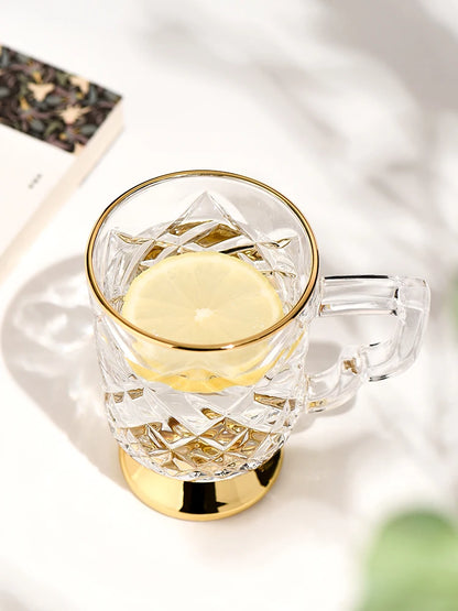 Gold Rimmed Tall Glass with Handle, Tall Beer Drinking Glass with Handle, Kitchen Bar, Barware, Drinkware Set, Light, Luxury