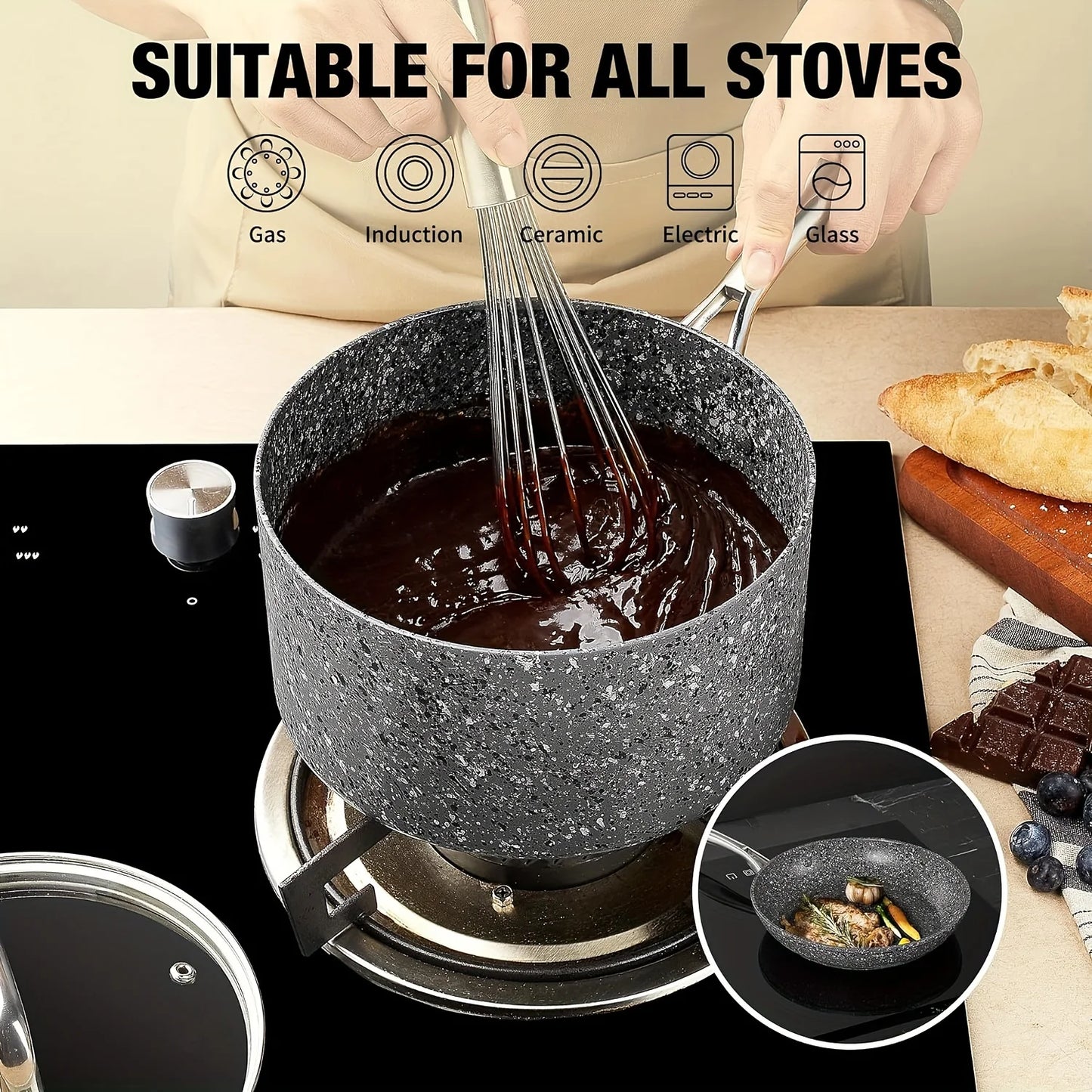 HLAFRG Nonstick 2Qt & 3Qt Sauce Pan Set with Lid, Saucepan Set, Natural Granite Small Sauce Pots, Grey Pot Set for All Stove