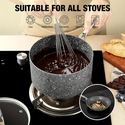 HLAFRG Nonstick 2Qt & 3Qt Sauce Pan Set with Lid, Saucepan Set, Natural Granite Small Sauce Pots, Grey Pot Set for All Stove