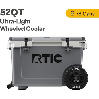 52 Quart Ultra-Light Wheeled Hard Cooler Insulated Portable Ice Chest Box for Beach, Drink, Beverage, Camping, Picnic, Fishing