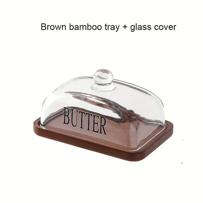 1PC Elegant Small Wood Cake Plate with Glass Cover Transparent Dome Cheese Plate with Handle And Wooden Tray Glass Butter Dish