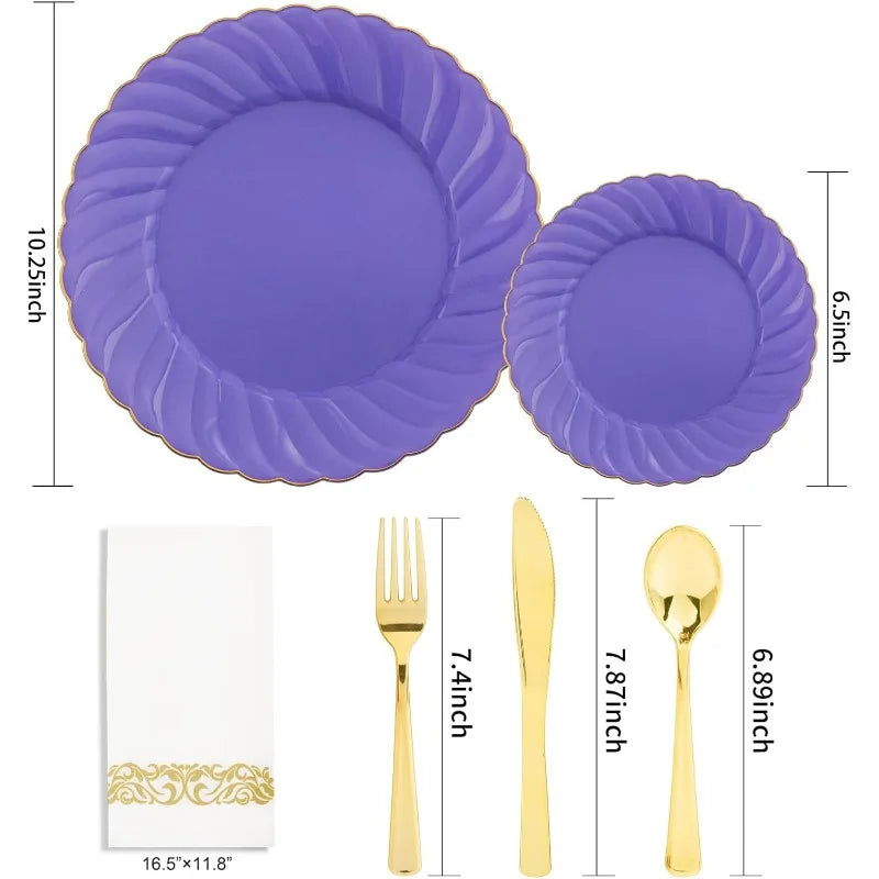 150PCS Blue Plastic Plates - Gold Plastic Silverware - Heavy Duty Navy Blue Disposable Plates