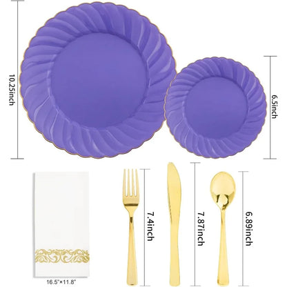 150PCS Blue Plastic Plates - Gold Plastic Silverware - Heavy Duty Navy Blue Disposable Plates