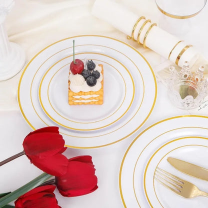 700PCS Gold Plastic Plates -Whtie and Gold Plastic Dinnerware Sets 100Guest - 200 Gold Disposable Plates,100 Napkins for Wedding