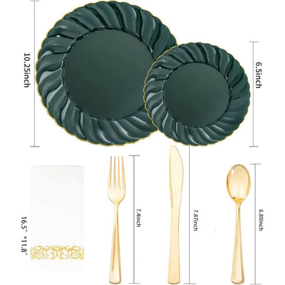 150PCS Blue Plastic Plates - Gold Plastic Silverware - Heavy Duty Navy Blue Disposable Plates