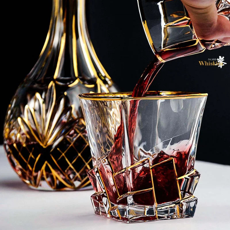 Whiskey Glass Tumblers Set Gold Line Wine Whisky Glasses Golden Painted Crystal Barware Multi-function Beer Cocktail Gift Box