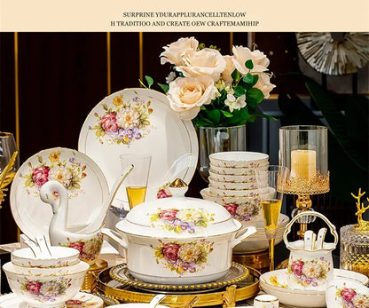 60pcs European Style Dinnerware Sets Luxury Bone China Tableware Sets Bowl Spoon Dinner Plate Set Kitchen Utensils Dinner Set