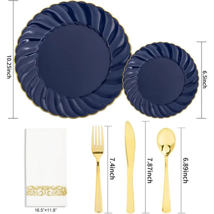 150PCS Blue Plastic Plates - Gold Plastic Silverware - Heavy Duty Navy Blue Disposable Plates