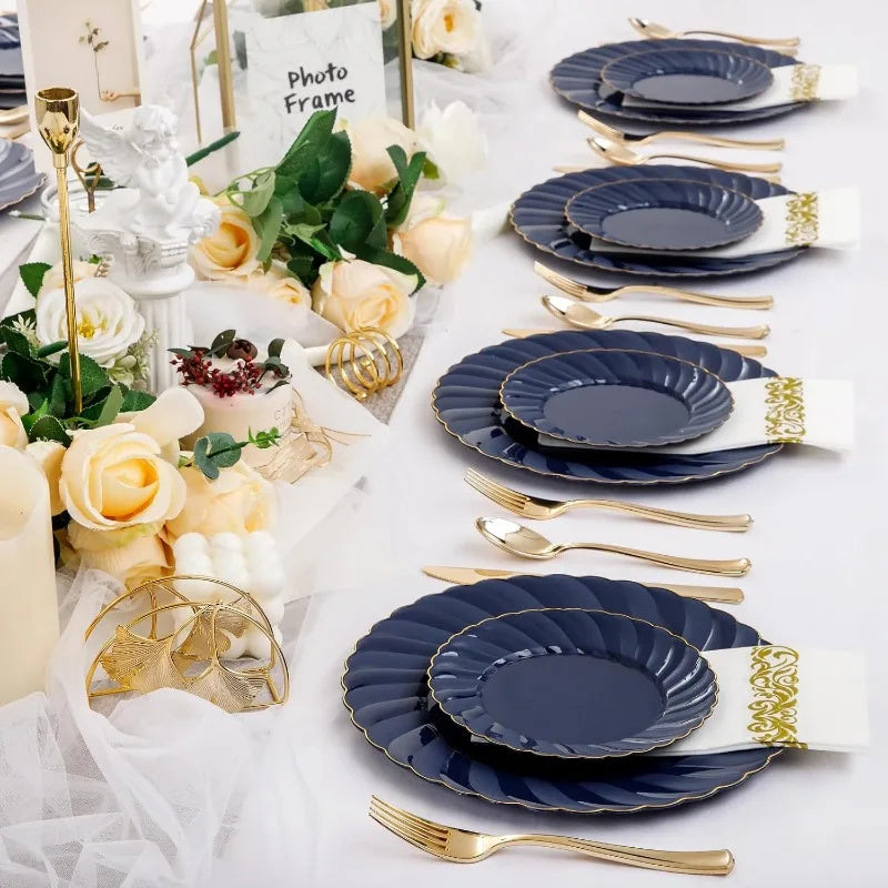 150PCS Blue Plastic Plates - Gold Plastic Silverware - Heavy Duty Navy Blue Disposable Plates