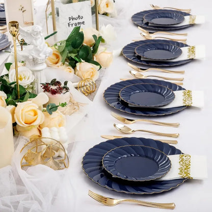 150PCS Blue Plastic Plates - Gold Plastic Silverware - Heavy Duty Navy Blue Disposable Plates