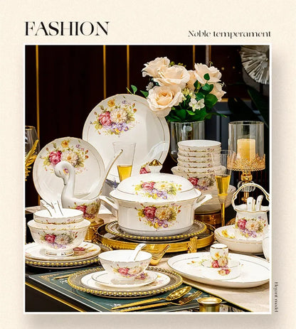 60pcs European Style Dinnerware Sets Luxury Bone China Tableware Sets Bowl Spoon Dinner Plate Set Kitchen Utensils Dinner Set
