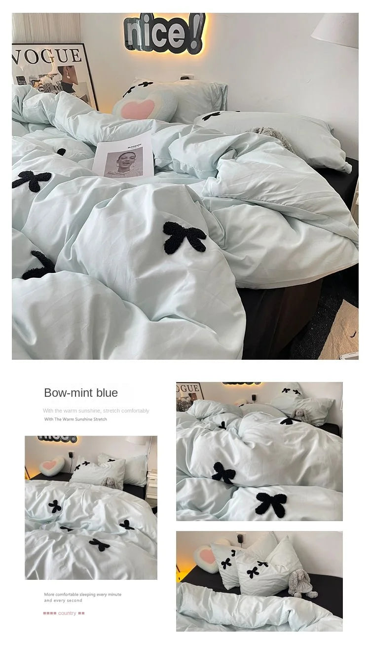 Bedding Set 2024 New Ins Style  Minimalist Blue Washing Cotton black bow towel Embroidered Four PIECE Set, 1.5 Bed Sheets