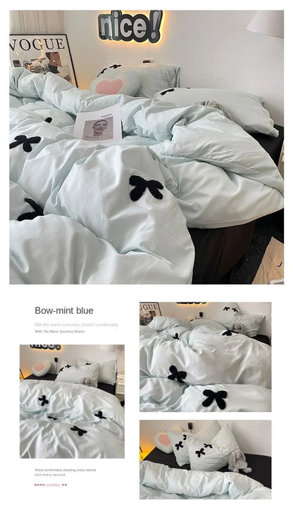 Bedding Set 2024 New Ins Style  Minimalist Blue Washing Cotton black bow towel Embroidered Four PIECE Set, 1.5 Bed Sheets
