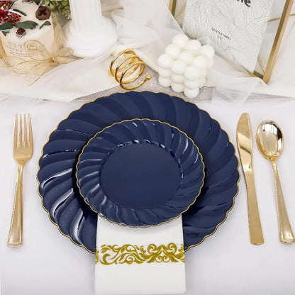 150PCS Blue Plastic Plates - Gold Plastic Silverware - Heavy Duty Navy Blue Disposable Plates