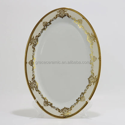 24k Gold Dinnerware Ceramic Luxury Personalized Desgin Embossed Fine Porcelain China Dubai 81pcs Dinner Set for 8 Persons